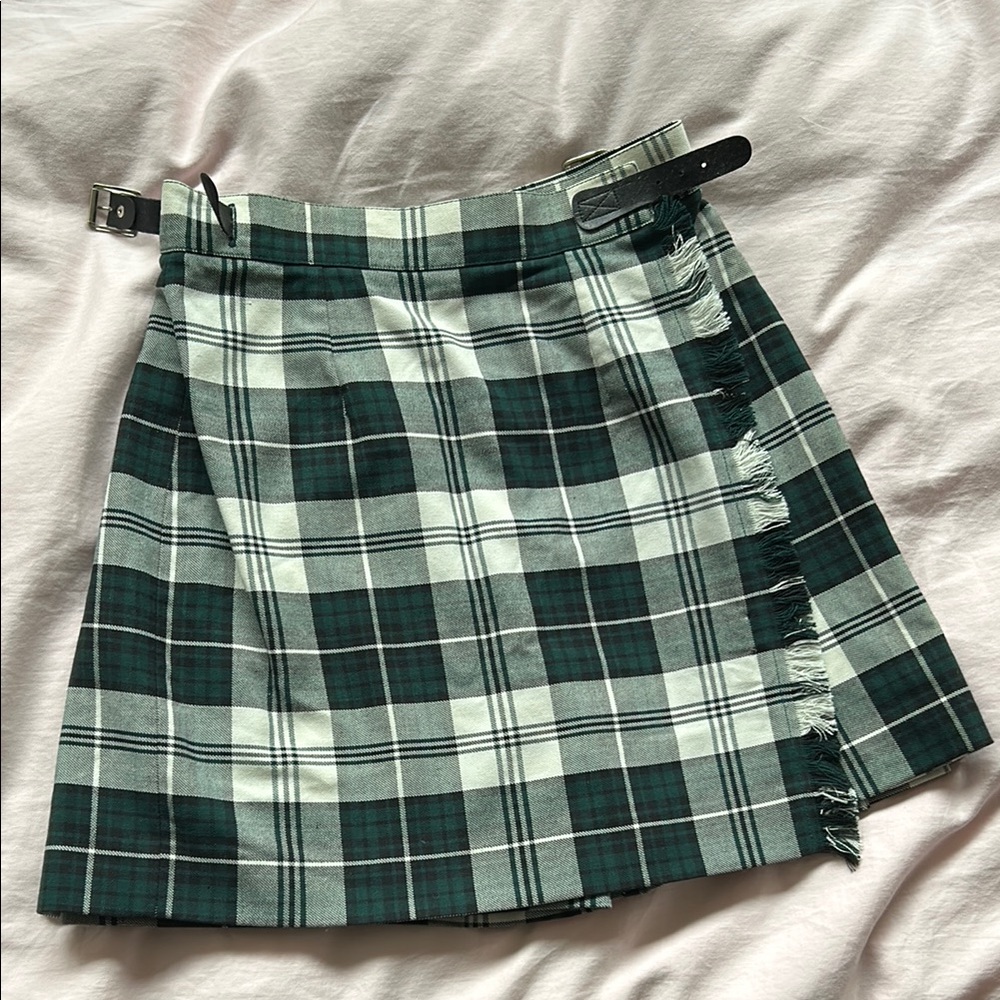 Vintage School Uniform McCarthy Green Plaid Pleated Skort with leather buckles